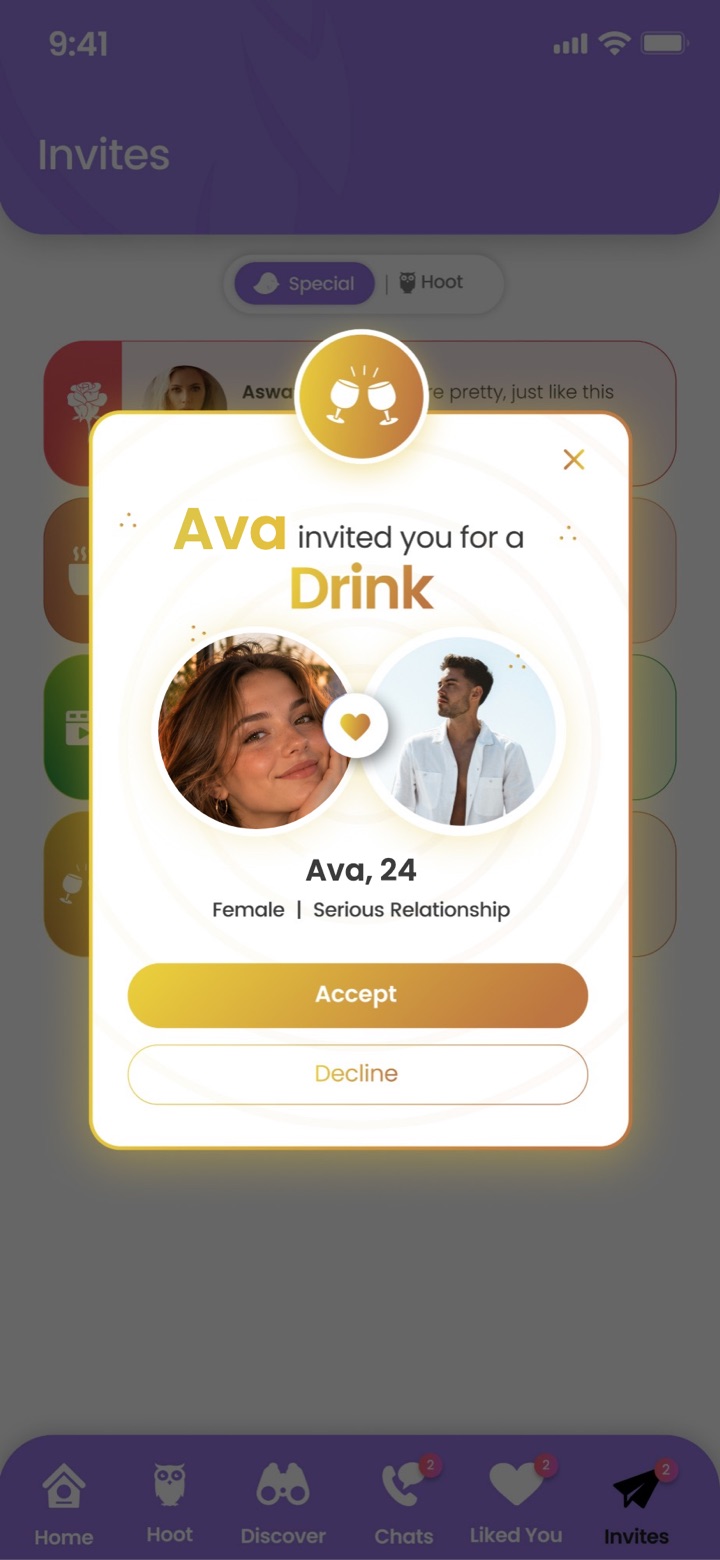 A drink invite in Peck: Mia invited you for a Drink, with Accept and Decline buttons